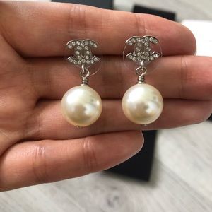 Authentic Chanel Logo Pearl Drop Earrings